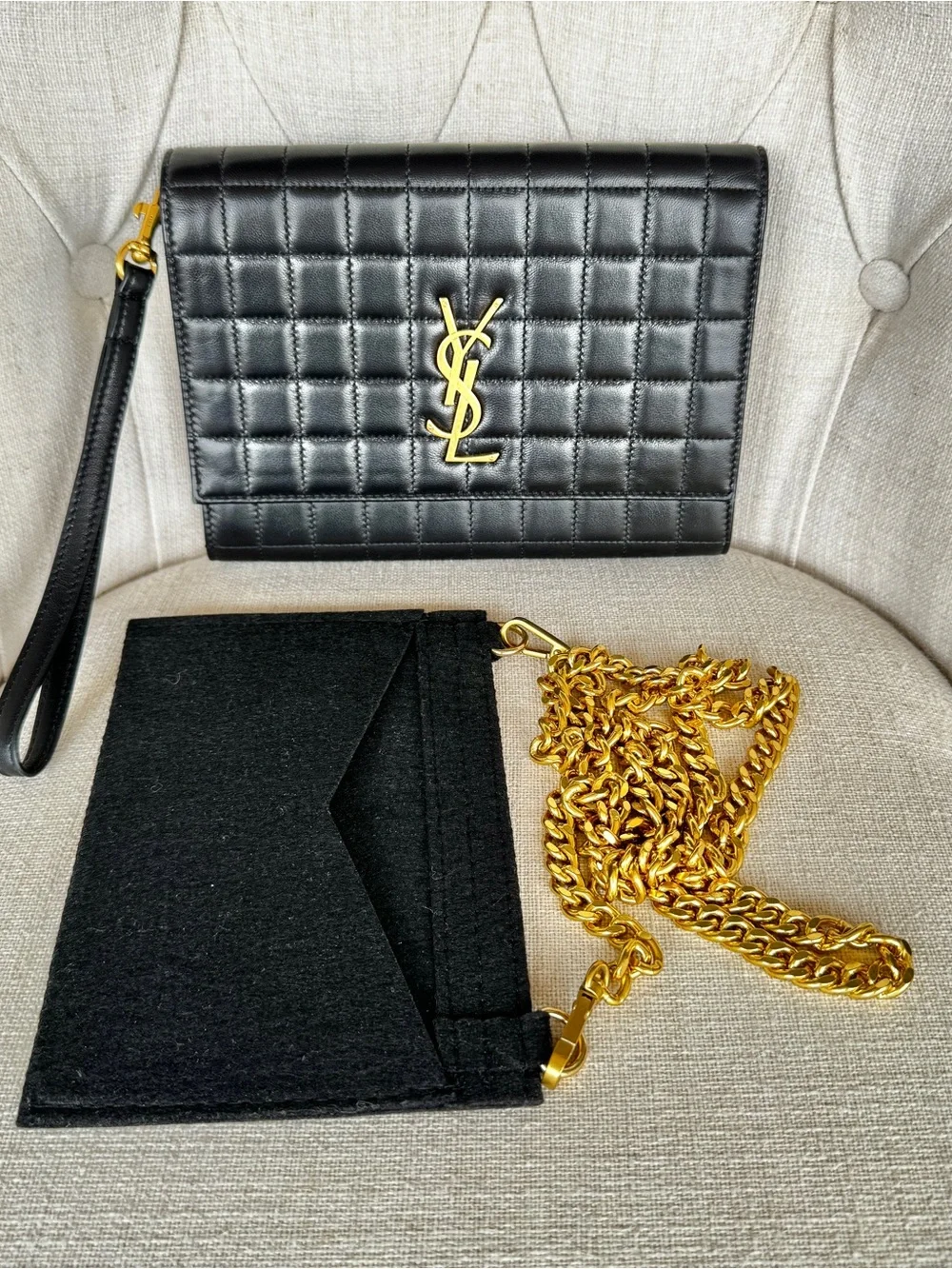 ✨ AUTH Saint Laurent Carré Quilted Cassandre Pouch/Clutch in Black Lambskin ✨